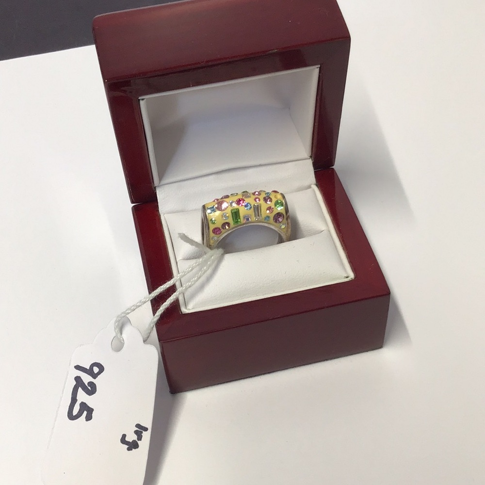 Elegant Multicolor Gemstone yellow enamel Ring 925 silver lrg size 8 fun 🌈💍